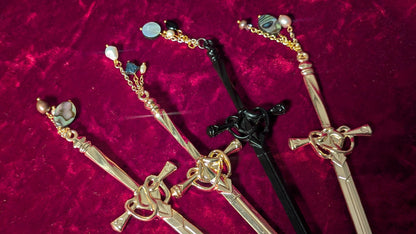 Set of decorative hair sticks on a red textured background